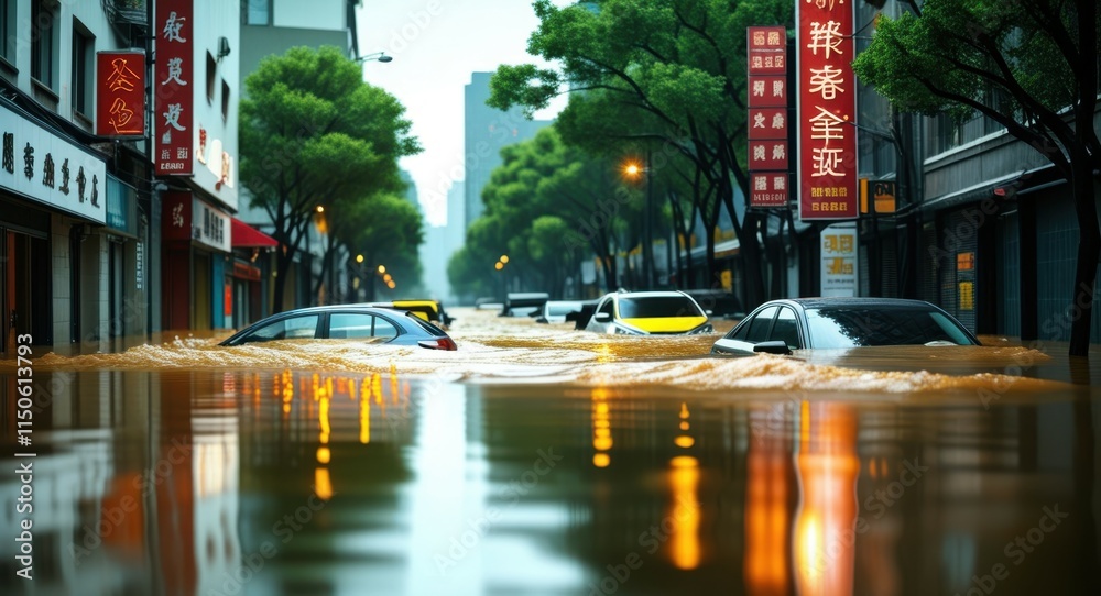 Naklejka premium rainy city street, reflective puddles, yellow taxis, urban landscape, tree-lined avenue, neon signs, bokeh lights, wet asphalt, moody atmosphere, cinematic, vibrant colors, shallow depth of field, dra