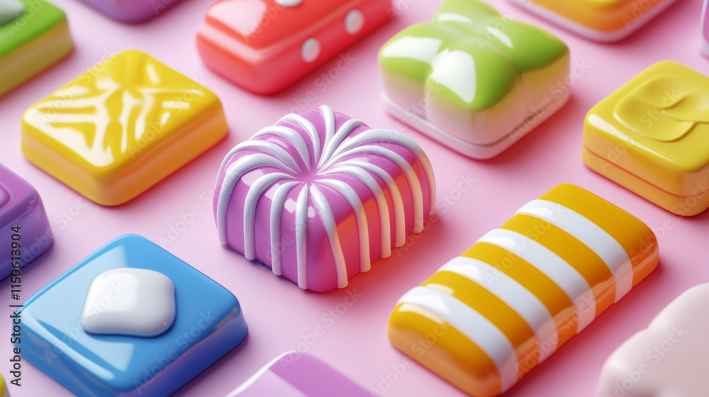 Set of candy app icons, game ui square buttons, cartoon lollipop menu interface, colorful blocks with stripes. Gui graphic design elements for user panel settings, isolated 2d vector illustration Set of candy app icons, game ui square buttons, cartoon lollipop menu interface, colorful blocks with stripes. Gui graphic design elements for user panel settings, isolated 2d vector illustration