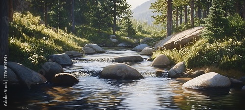 A serene mountain stream with crystal-clear water flowing over smooth stones, surrounded by tall pines and the distant sound of birds chirping  photo