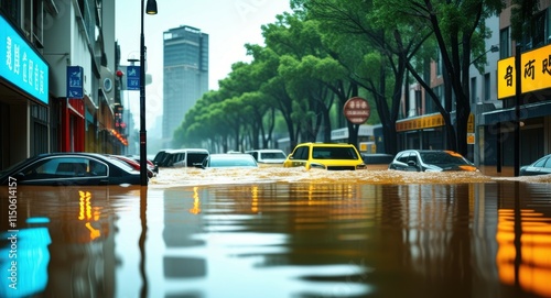 rainy city street, reflective puddles, yellow taxis, urban landscape, tree-lined avenue, neon signs, bokeh lights, wet asphalt, moody atmosphere, cinematic, vibrant colors, shallow depth of field, dra photo