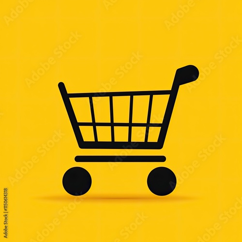 A simple line drawing of a shopping cart on a yellow background
