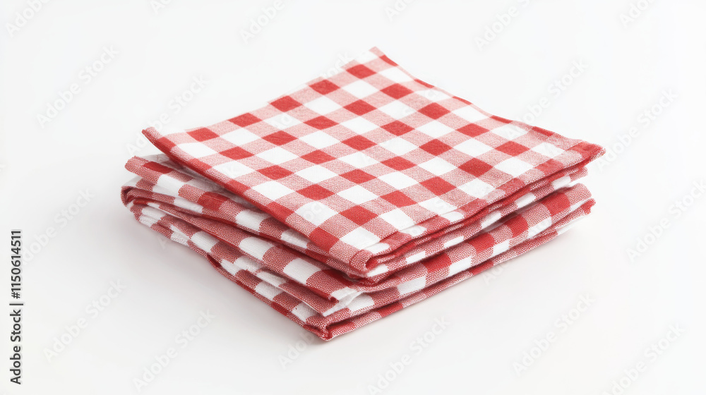 Red checkered napkin front view isolated on white background. Rustic chic style mockup perspective. Red checkered napkin front view isolated on white background. Rustic chic style mockup perspective.