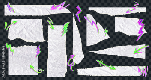 Set of torn paper pieces with neon green arrows and acid pink thunder. White grunge jagged borders, corners and rectangular frames with graffity elements. Vector torn paper sheet for sticker collage.