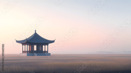 A serene Ming dynasty scholars retreat standing on a tranquil plain. photo