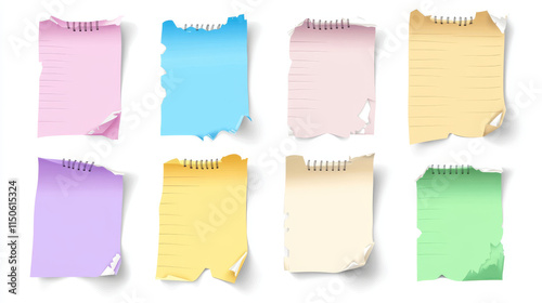 Torn paper sheets, colorful notebook pages with ragged edges. Blank and checkered memo notes or daily planner empty notepad pieces isolated on transparent background, Realistic 3d vector set