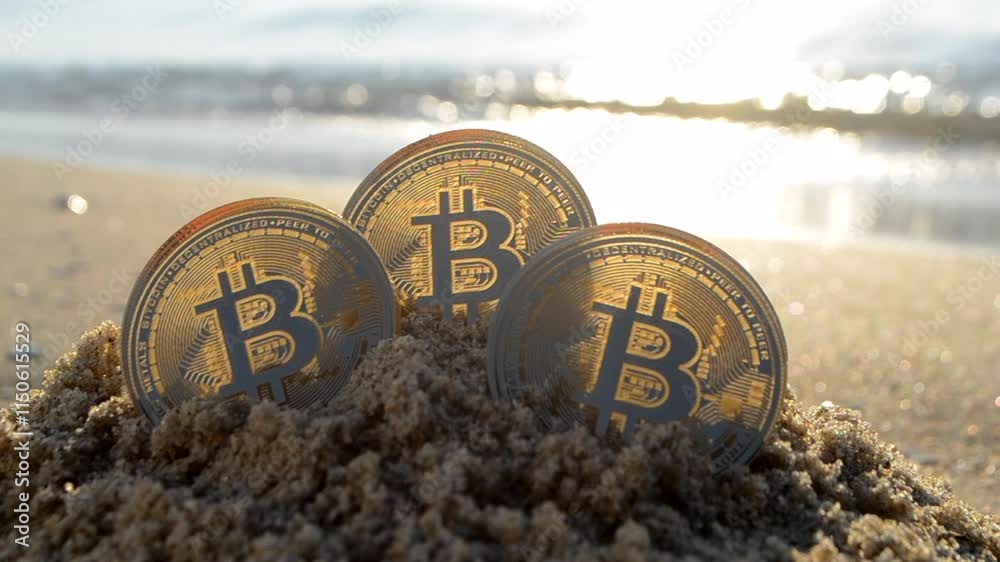 Three Bitcoin BTC coins in sand on sandy beach of the sea coast on a sunny morning close-up. Concept bitcoin money cryptocurrency finance cryptocurrencies crypto bit coin digital web 3 cryptography