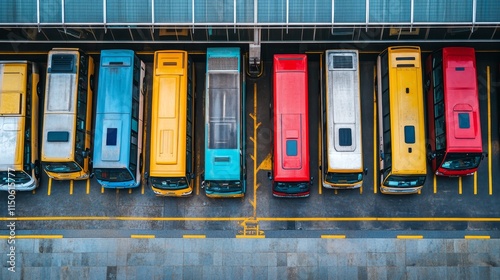 Aerial view of parked buses in various colors in organized parking spaces. photo