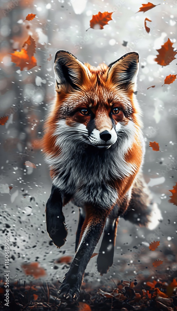 Fototapeta premium A radiant fox dashes through a misty forest, creating trails of light in its wake