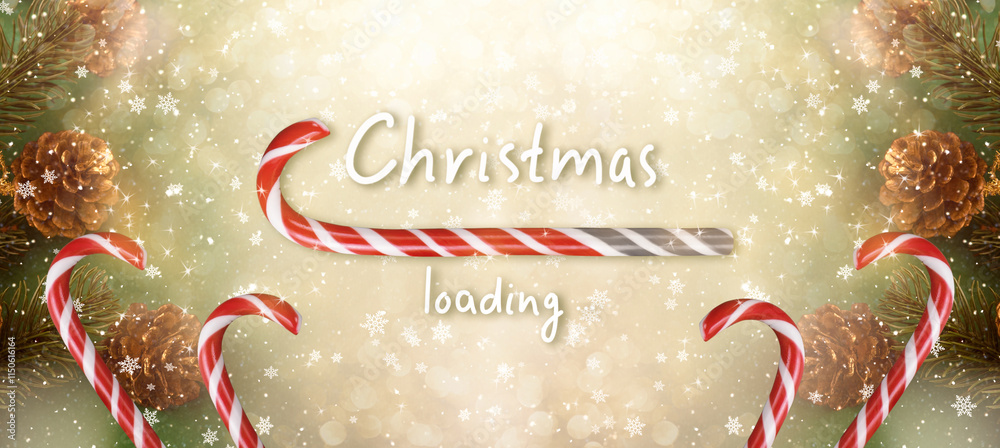 Φωτογραφία Christmas loading bar in candy cane form, New Year sweet peppermint stick showing progress on green background and inscription, xmas holiday concept design with lollipop and fir tree and cones decor