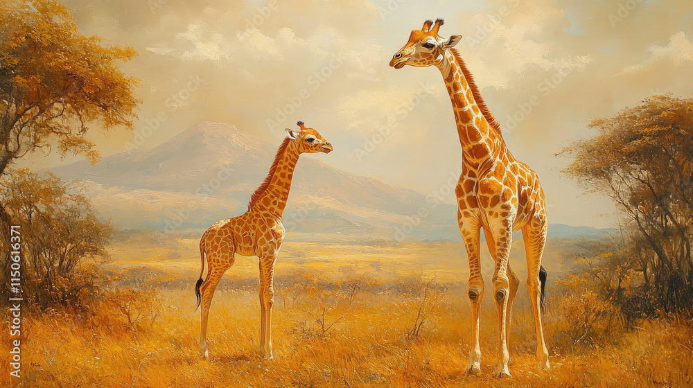 Obraz premium Giraffe Mother and Calf in African Savanna