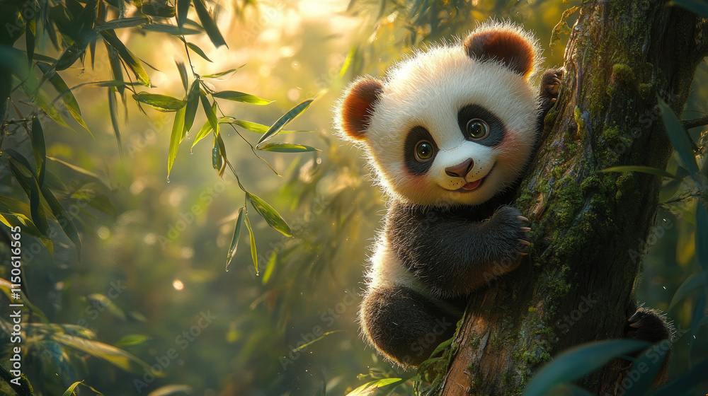 Fototapeta premium Adorable Panda Cub in Bamboo Forest
