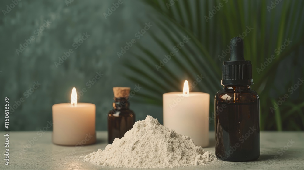 Serene Spa Setting with Magnesium Glycinate Powder, Essential Oils, and Candles for Relaxation Serene Spa Setting with Magnesium Glycinate Powder, Essential Oils, and Candles for Relaxation