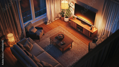 Living room interior at night top view. Vector cartoon illustration of lounge with sofa, chairs and glowing tv screen. Coffee table and couch in dark living room with carpet and curtains on windows