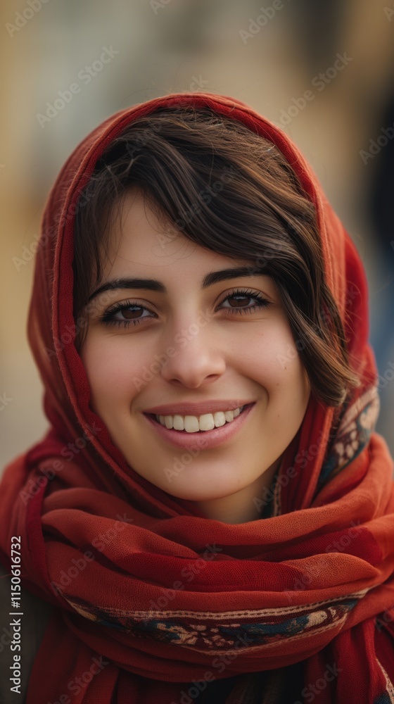 A joyful Middle Eastern woman beams with happiness, showcasing her vibrant persona in natural daylight A joyful Middle Eastern woman beams with happiness, showcasing her vibrant persona in natural daylight