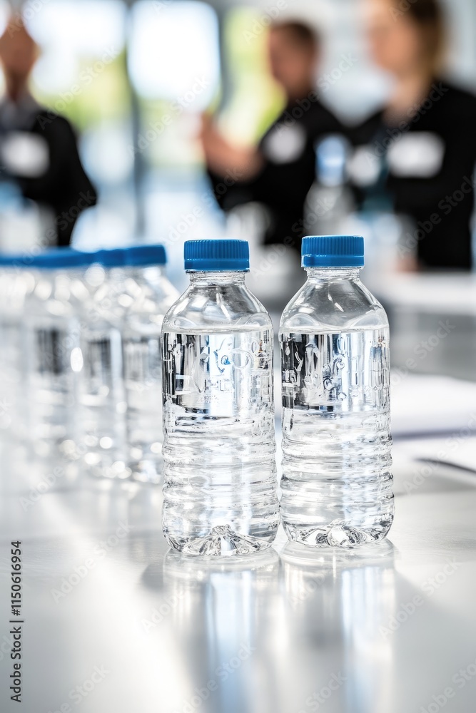 Business Meeting Setting with Focus on Plastic Water Bottles on Conference Table Business Meeting Setting with Focus on Plastic Water Bottles on Conference Table