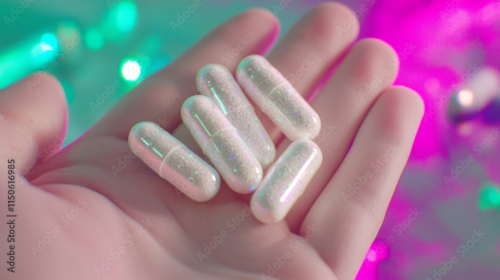 Optimizing Health: Close-up of Magnesium Glycinate Capsules in Hand in Vibrant Wellness Setting Optimizing Health: Close-up of Magnesium Glycinate Capsules in Hand in Vibrant Wellness Setting
