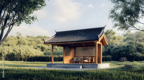 A solitary Ming dynasty tea pavilion surrounded by a serene grassland. photo