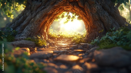 Sunlight streams through a mystical tree tunnel, illuminating a pathway through nature. photo