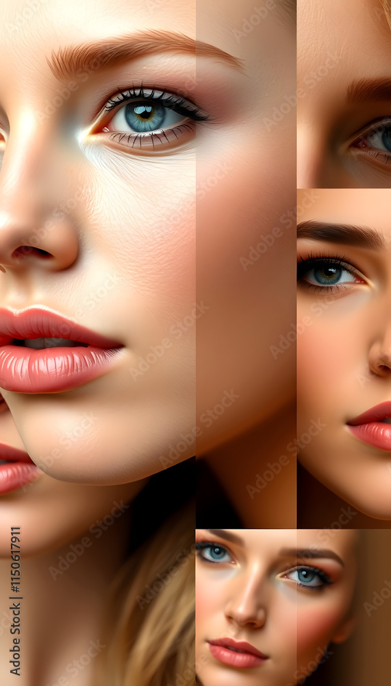 Collage. Close-up portraits of beautiful female faces with perfect smooth skin, grey eyes. Natural beauty, low-poly, with white tones Collage. Close-up portraits of beautiful female faces with perfect smooth skin, grey eyes. Natural beauty, low-poly, with white tones