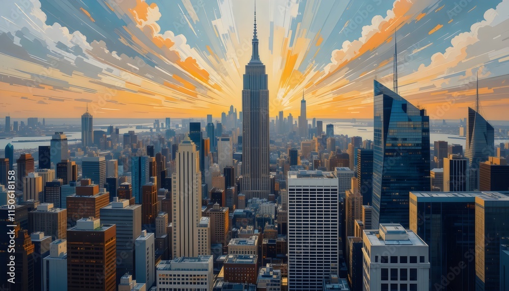 Fototapeta premium Artistic Painting of Skyscrapers in an Abstract Style: Cityscape Panorama with Bold Colors and Dynamic Brushstrokes, Capturing the Energy and Modernity of Urban Life