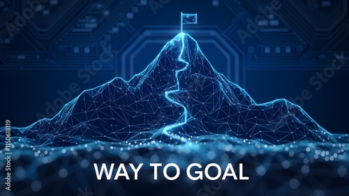 Abstract mountain with a path to the top. Way to goal in digital futuristic style on a blue technology background. Vector illustration of success achievement concept. Low Poly wireframe flag 