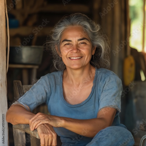 A joyful gray-haired Hispanic woman smiles warmly, embodying serenity in her rustic surroundings photo