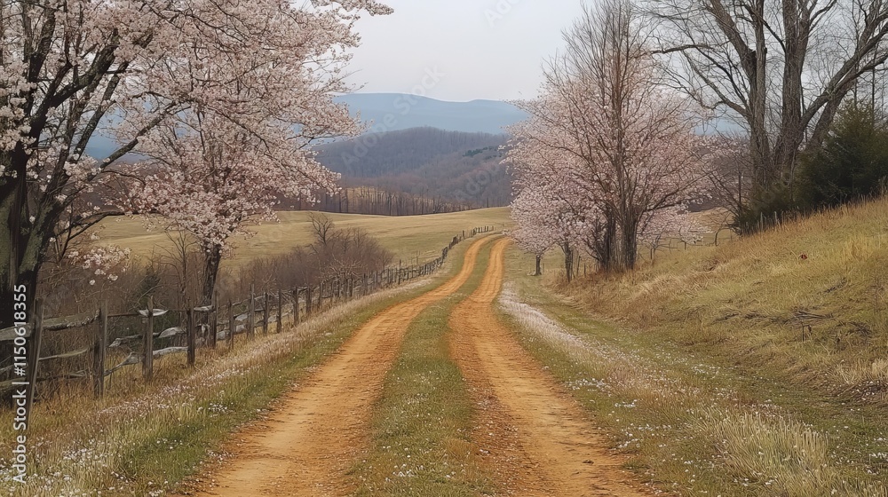 A rural dirt road lined with blooming cherry blossom trees and a clear sky overhead. A rural dirt road lined with blooming cherry blossom trees and a clear sky overhead.