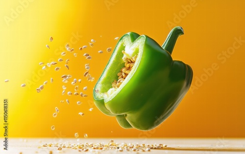 A bright green bell pepper with a quarter cut out, levitating mid-air with seeds visible, on a yellow background photo