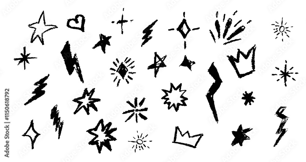 Crayon firecracker stars heart and crown in black color. BW collection of rock n roll design elements. Grunge texture punk and grafitty symbols. Cartoon charcoal handdrawn icons. Vector illustration.
