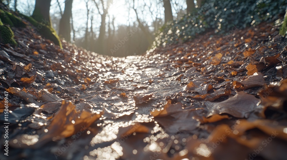 Sunlit path covered in fallen brown leaves. Sunlit path covered in fallen brown leaves.