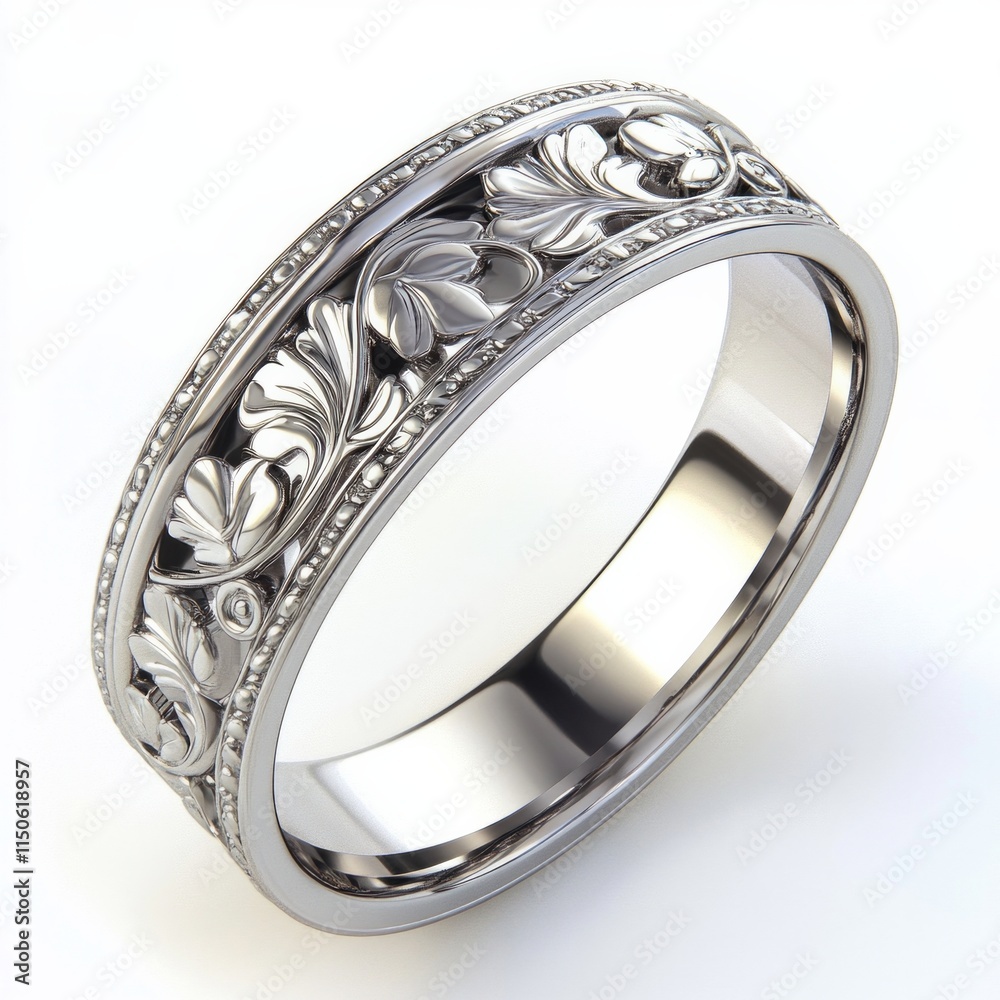 Ornate silver ring with intricate leaf design on white background Ornate silver ring with intricate leaf design on white background