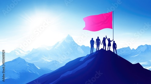 Wallpaper Mural Team Reaching Mountain Summit Under Blue Sky with Victory Flag Torontodigital.ca