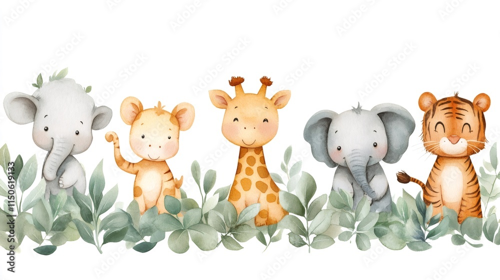 Naklejka premium Cute baby tiger, elephant and giraffe smiling in the jungle
