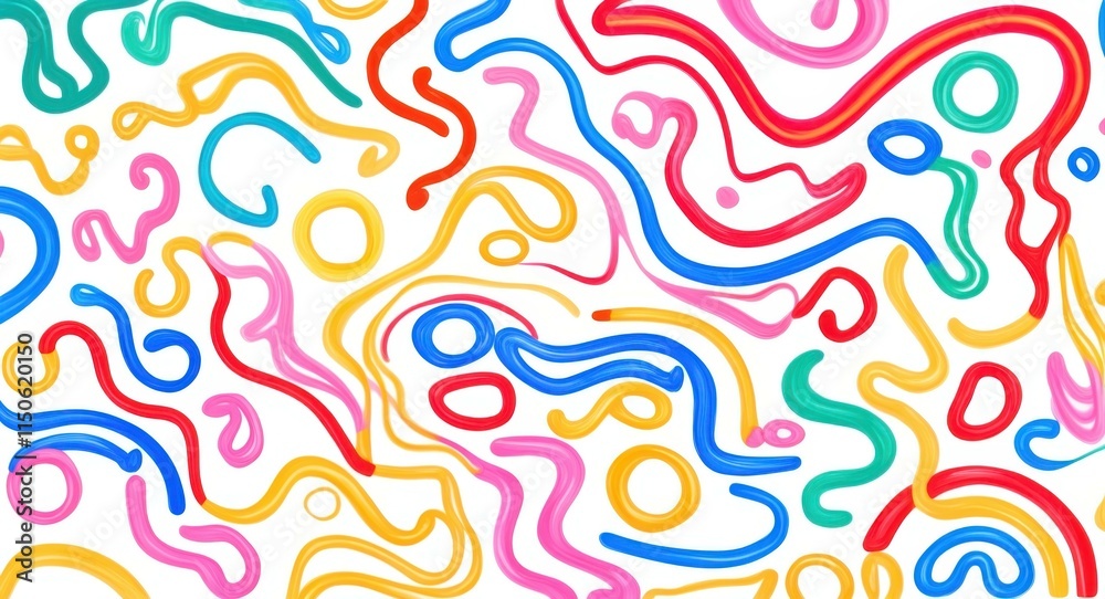 Fototapeta premium Colorful squiggly lines, abstract pattern, vibrant colors, playful shapes, wavy curves, dynamic composition, minimalist design, graphic art, seamless background, cheerful aesthetic, primary colors, fl