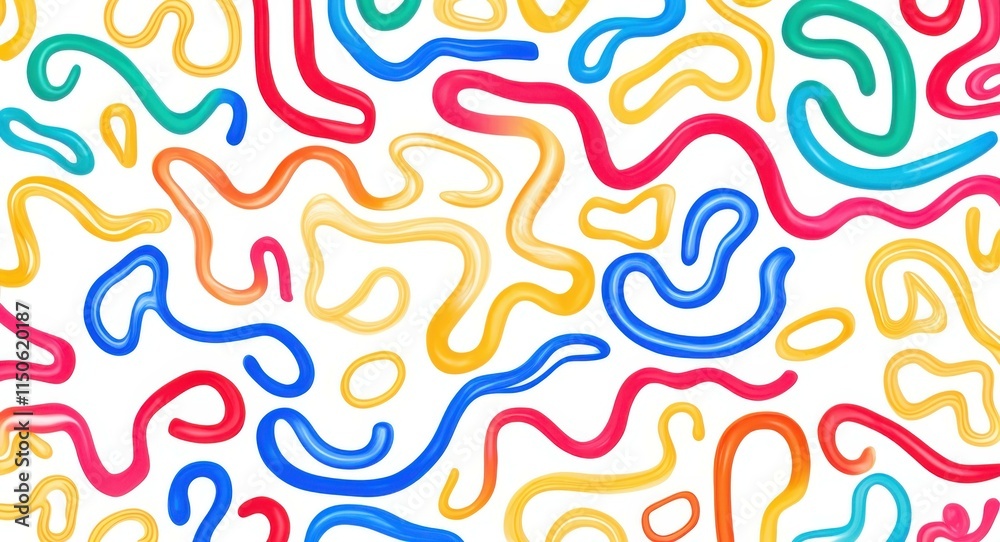 Obraz premium Colorful squiggly lines, abstract pattern, vibrant colors, playful shapes, wavy curves, dynamic composition, minimalist design, graphic art, seamless background, cheerful aesthetic, primary colors, fl