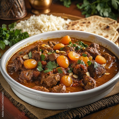 A hearty and flavorful Moroccan tagine with tender lamb, apricots, and almonds