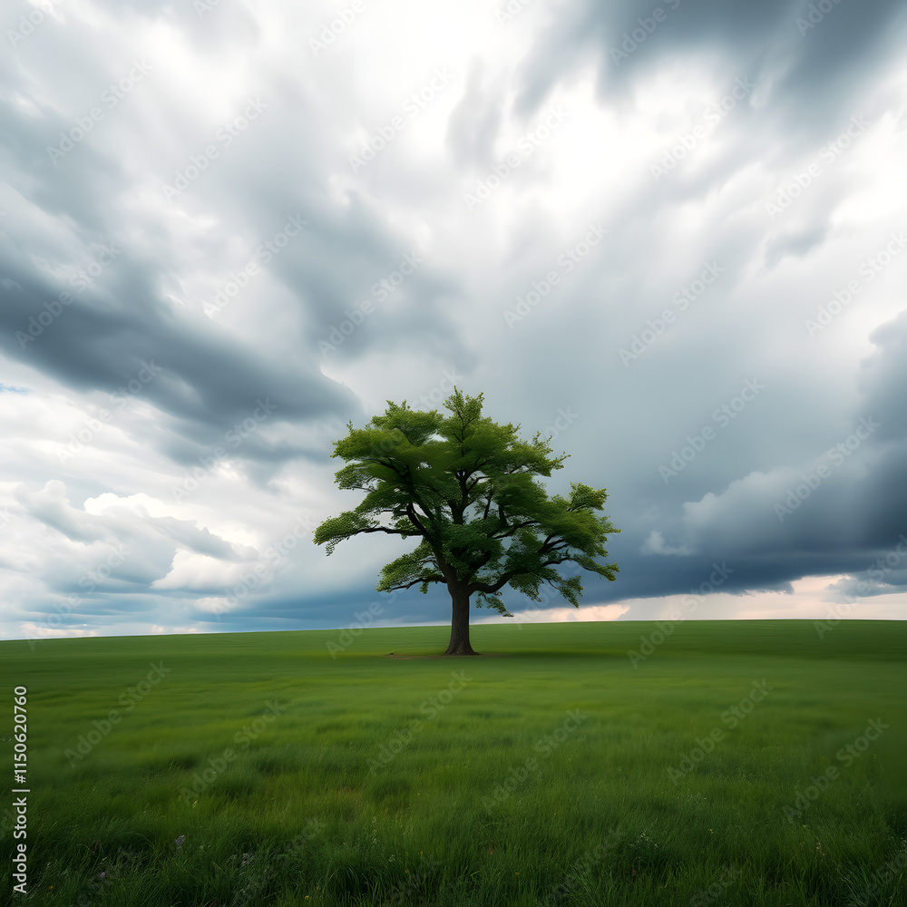 Solitary Tree in a Serene Meadow Under a Dramatic Sky Solitary Tree in a Serene Meadow Under a Dramatic Sky