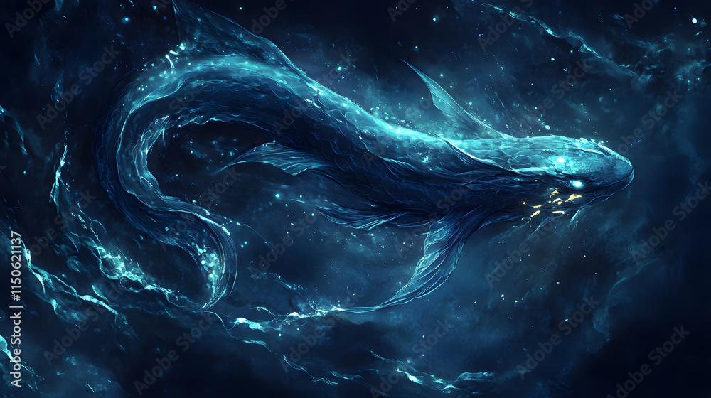 A stylized design of a leviathan swimming beneath icy waters. A stylized design of a leviathan swimming beneath icy waters.