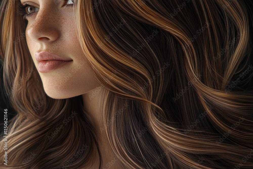 Hair styling close-up capturing a young woman with vibrant highlights and soft waves against a dark background. Generative AI Hair styling close-up capturing a young woman with vibrant highlights and soft waves against a dark background. Generative AI