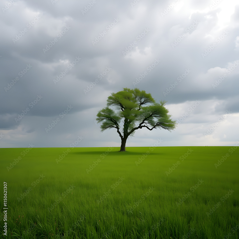 Obraz premium Solitary Tree in a Serene Meadow Under a Dramatic Sky
