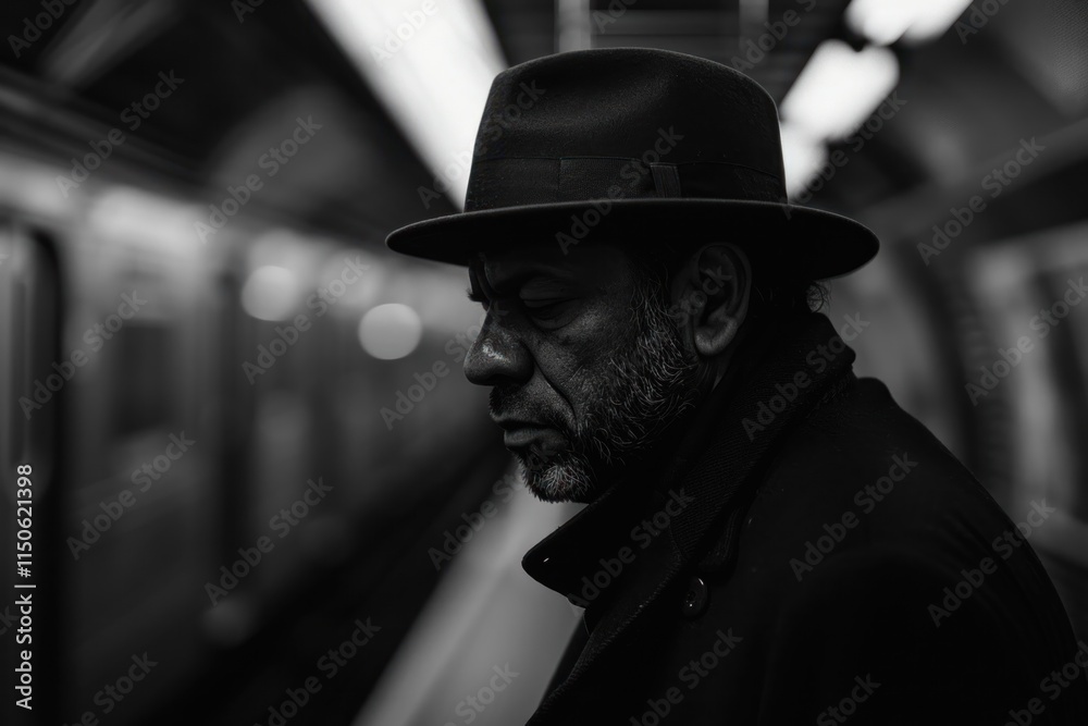 Man with a hat stands alone in a subway station during evening hours. Generative AI Man with a hat stands alone in a subway station during evening hours. Generative AI