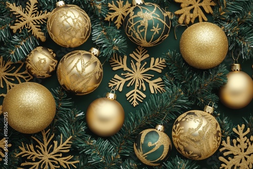 A top-down image showcasing gold and silver Christmas decorations including cones, tiny bells, snowflakes, and serpentine shapes arranged on pine branches set against a green backdrop with a clear
