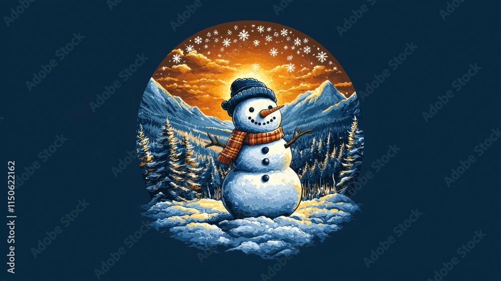 Obraz premium Joyful Snowman at Sunset in a Winter Wonderland