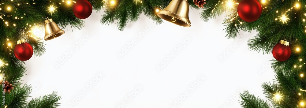Festive garland, sparkling golden chimes, fir branch, design component Festive garland, sparkling golden chimes, fir branch, design component