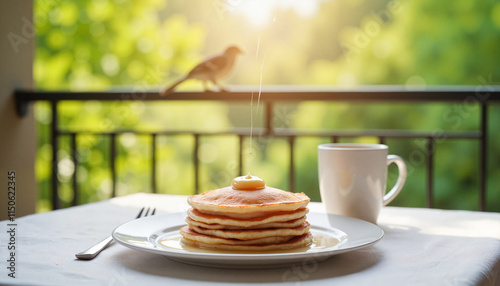 Wallpaper Mural Stack of fluffy pancakes with syrup and coffee on table, bird perched nearby, in bright morning light Torontodigital.ca