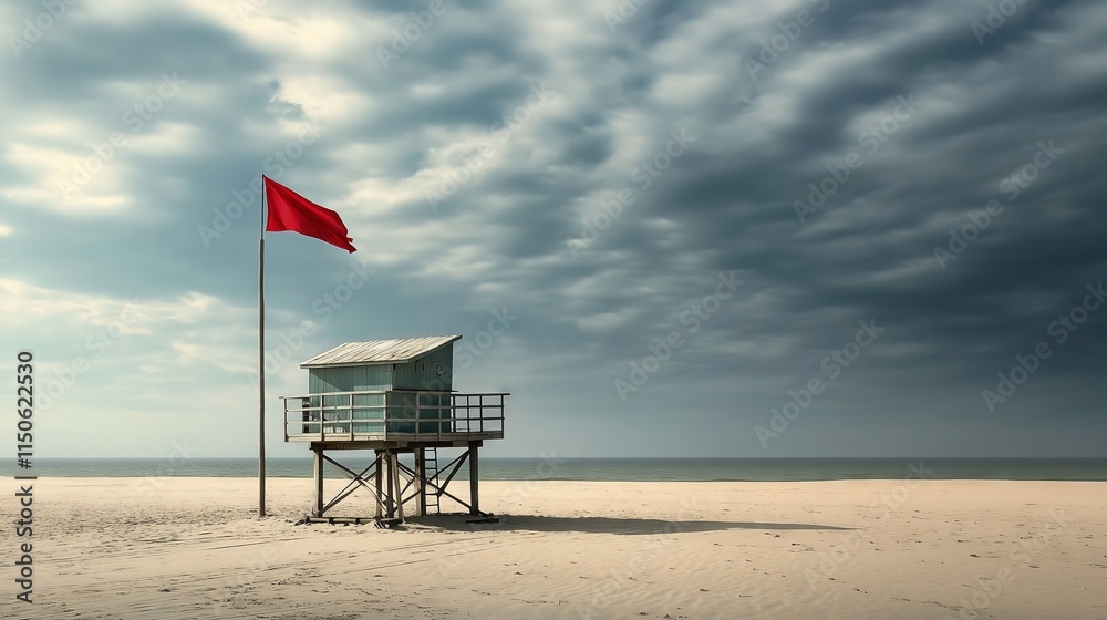 Red flag waving on a deserted beach with a lifeguard tower under a cloudy sky Red flag waving on a deserted beach with a lifeguard tower under a cloudy sky