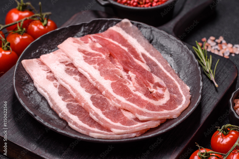 Fresh raw bacon sliced with spices and herbs Fresh raw bacon sliced with spices and herbs