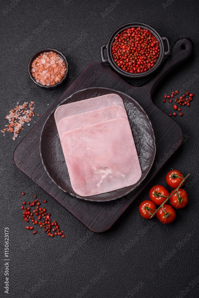 Naklejka premium Ham cut into square slices for making delicious nutritious sandwiches