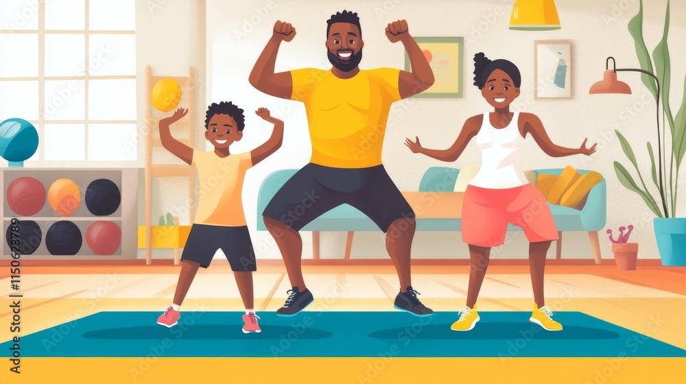 Naklejka premium Happy Family Sport Activity. Mother, Father and Kid Doing Morning Exercising at Home. Dad, Mom and Little Son Fitness Workout Exercise, Healthy Lifestyle Indoor Sports Cartoon Flat Vector Illustration