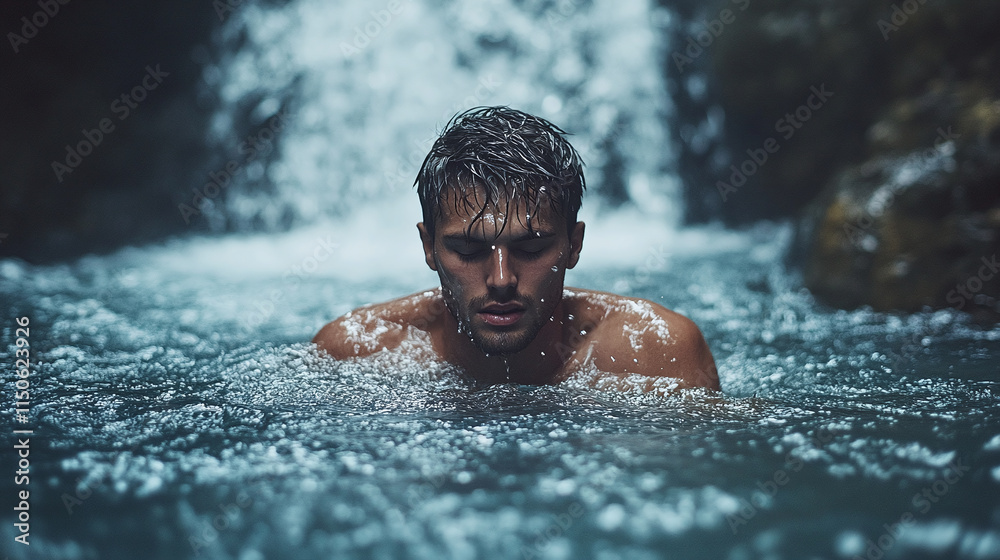 A young man swimming in river under a waterfall in a tropical jungle, surrounded by lush greenery, adventure and relaxation during summer vacation in paradise nature holiday. A young man swimming in river under a waterfall in a tropical jungle, surrounded by lush greenery, adventure and relaxation during summer vacation in paradise nature holiday.